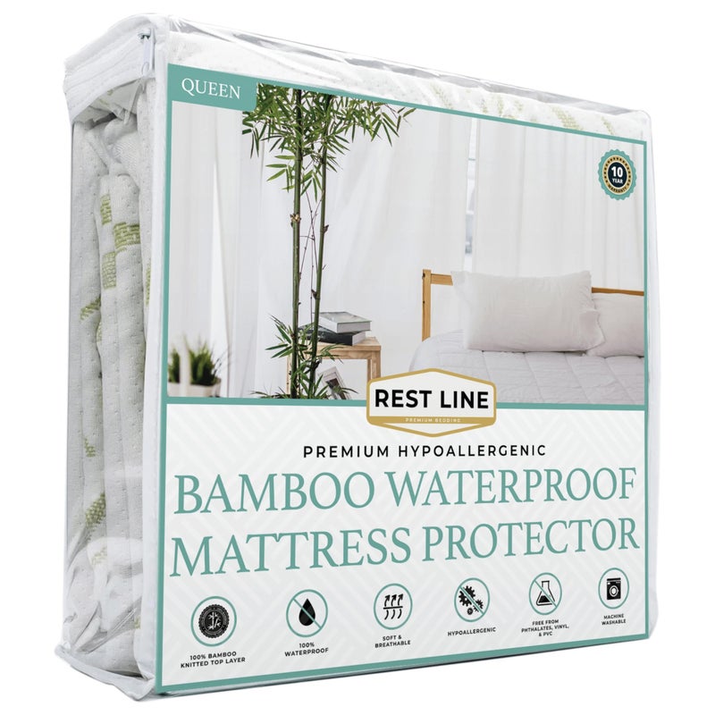 REST LINE PREMIUM BEDDING Queen Size 60x80â€ Premium Bamboo Waterproof Mattress Protector, 100% Viscose from Bamboo, Hypoallergenic, Cooling Mattress Pad Cover, Soft & Breathable Fitted Sheet Style up to 18" Deep - Rest Line - Image 1